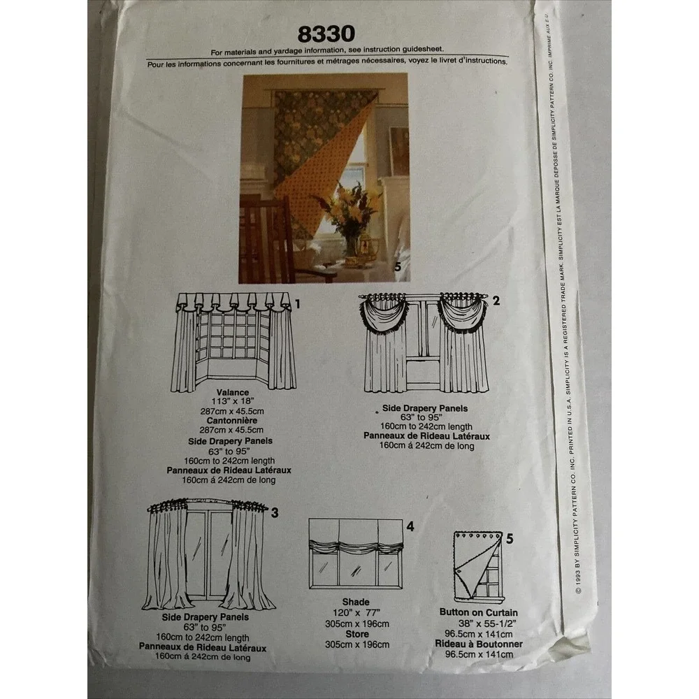UNCUT NEW Simplicity 8330 Window Treatments Valance Panel Shade Sewing Pattern